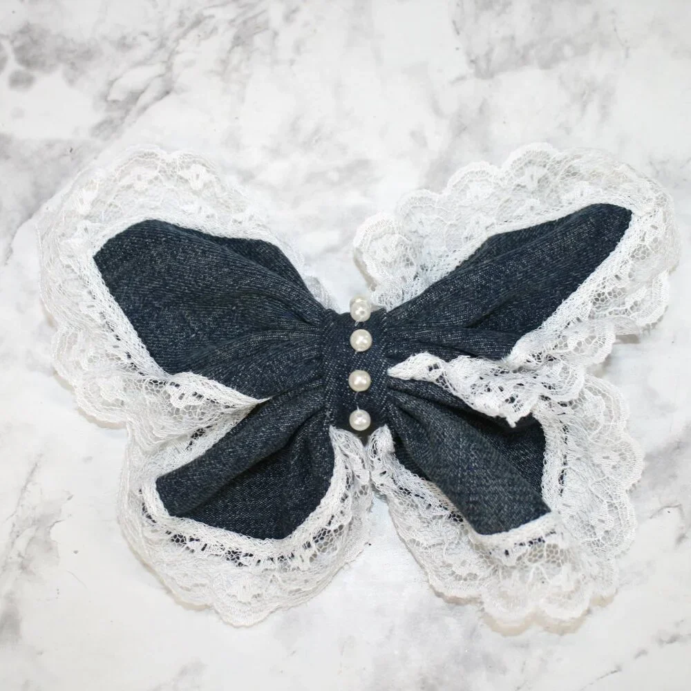 HAND CRAFTED Upcyled Denim Lace Butterfly Hair Bow Oversized Blue Jean Girls
